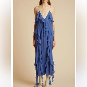 KHAITE Pim Ruffle Trim Silk Midi Dress in Blue Iris